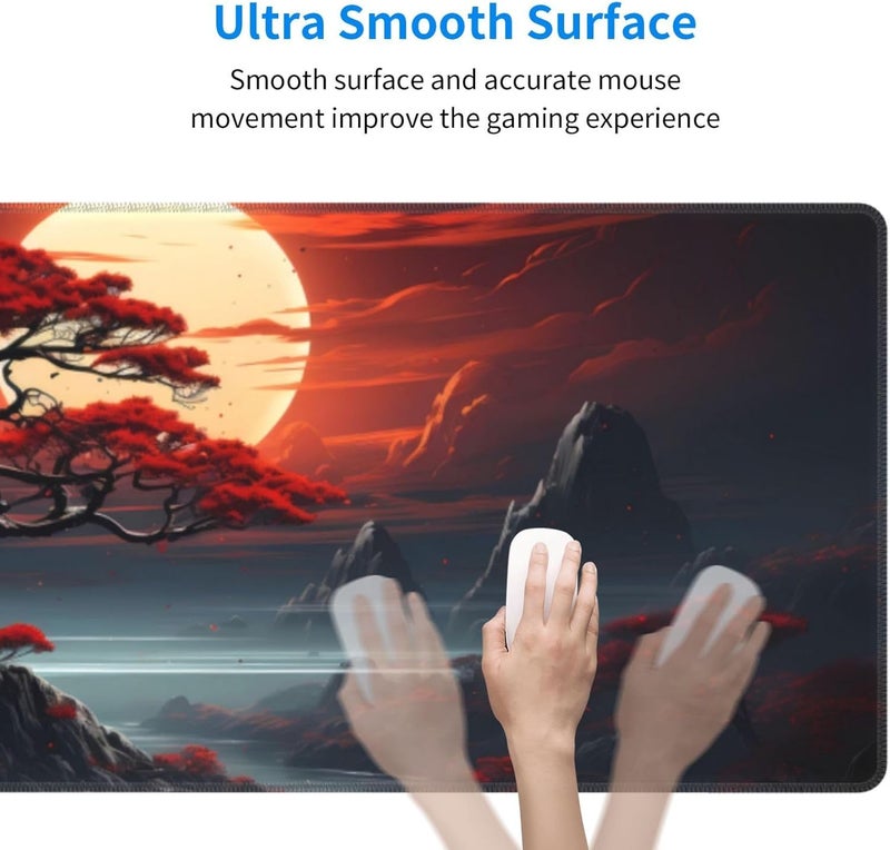 Brecoy Darkness Red Moon Desk Mat Japanese Mouse Pad, Large Japanese Desk Mat, XL Anime Gaming Keyboard Mat, Non-Slip Rubber Base, Big Extended Desk Protector for Home Office, 31.5”x11.8” - Image 3
